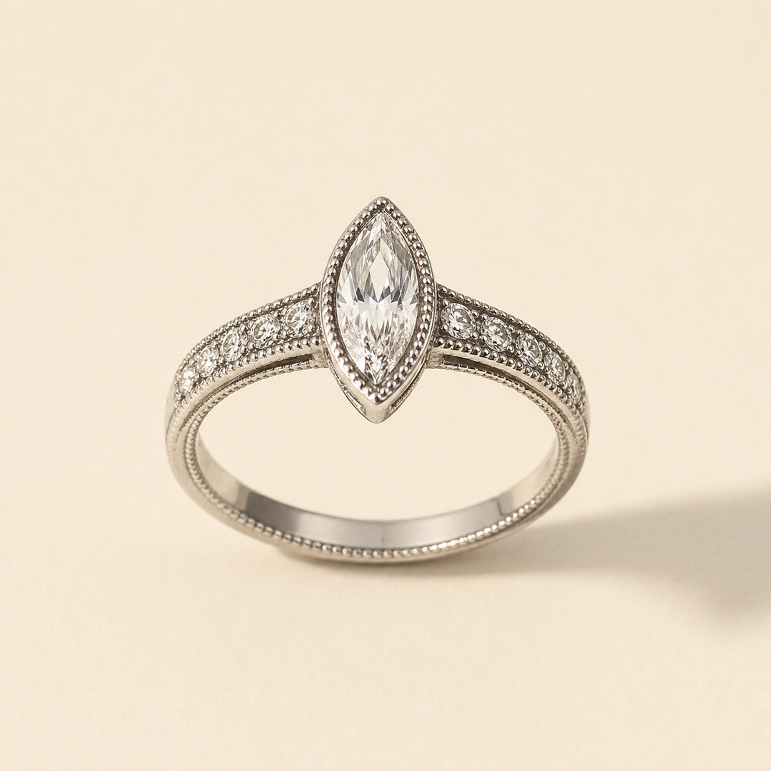 Art deco cubic zirconia cocktail statement ring in rhodium-plated silver tone