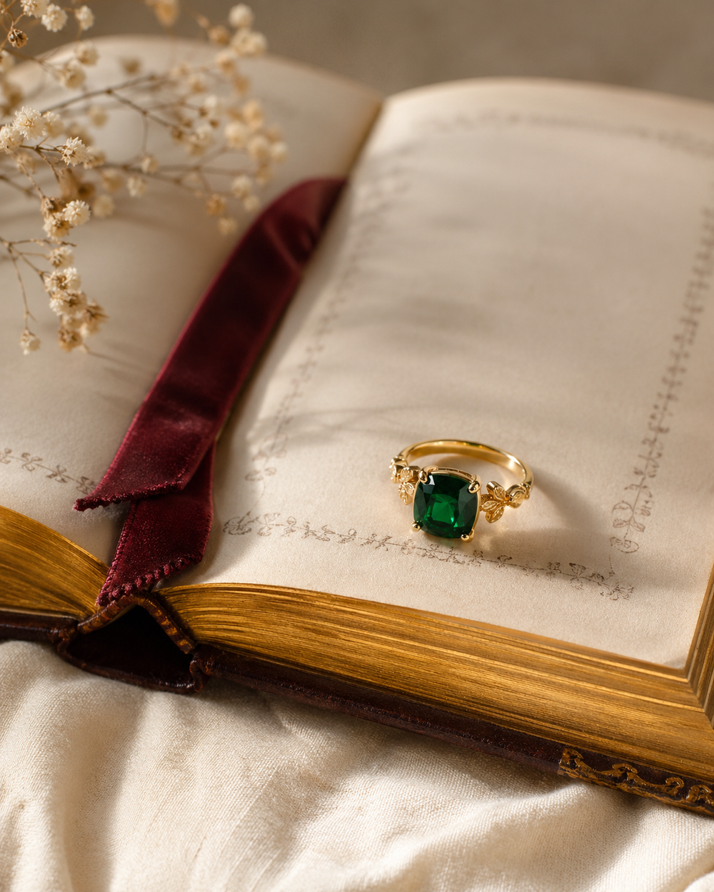 Cushion-cut lab emerald ring in 925 silver with gold-plated leaf shoulders