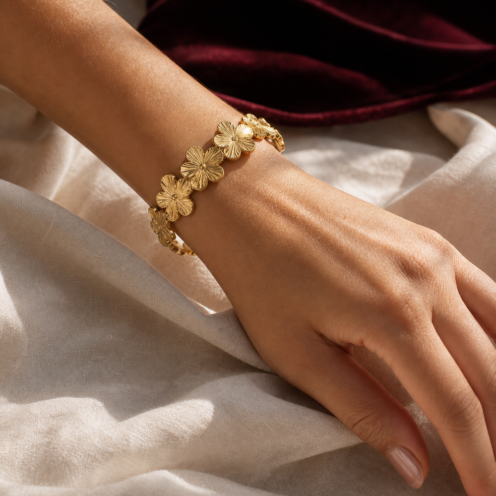 Aurelia Bloom Gold Cuff Bracelet - 02 Editorial model wear - Heart & Hazel gold floral cuff bracelet