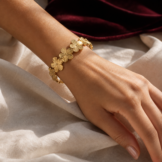 Aurelia Bloom Gold Cuff Bracelet - 02 Editorial model wear - Heart & Hazel gold floral cuff bracelet