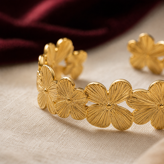 Aurelia Bloom Gold Cuff Bracelet - 03 Macro detail - Heart & Hazel gold floral cuff bracelet