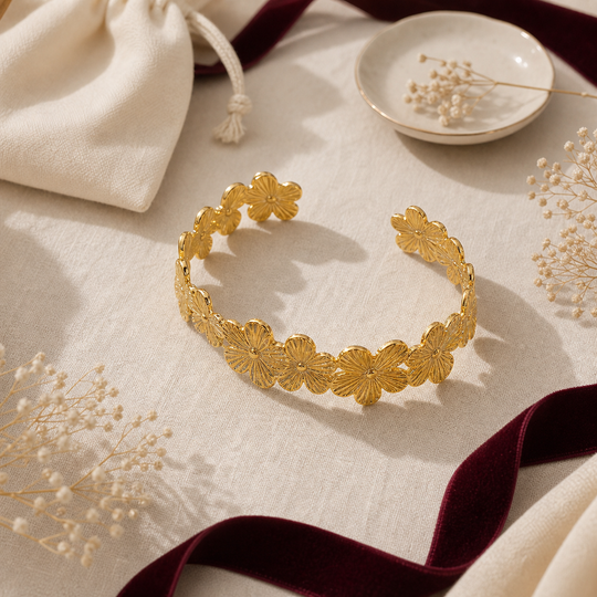 Aurelia Bloom Gold Cuff Bracelet - 05 Color and scale view - Heart & Hazel gold floral cuff bracelet