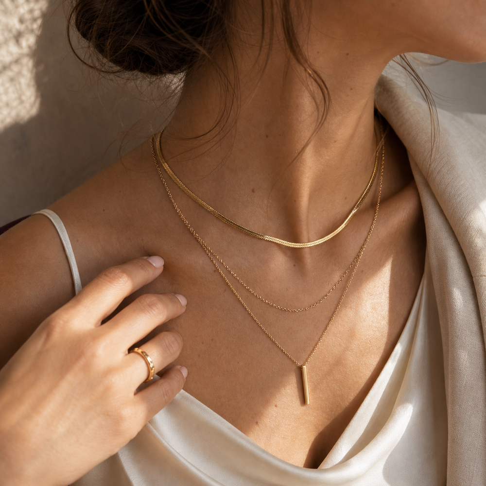 Aurette Gold Layered Necklace Set - 02 Editorial model wear - Heart & Hazel gold layered necklace set