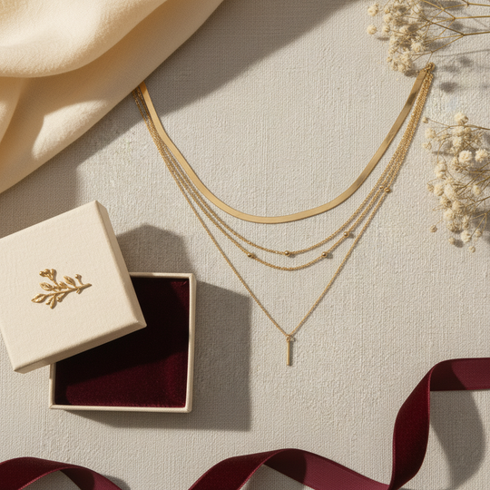 Aurette Gold Layered Necklace Set - 05 Color and scale view - Heart & Hazel gold layered necklace set
