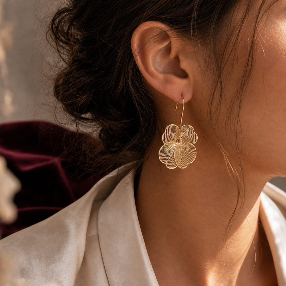 Celeste Bloom Gold Hoop Earrings - 02 Editorial model wear - Heart & Hazel gold floral hoop earrings
