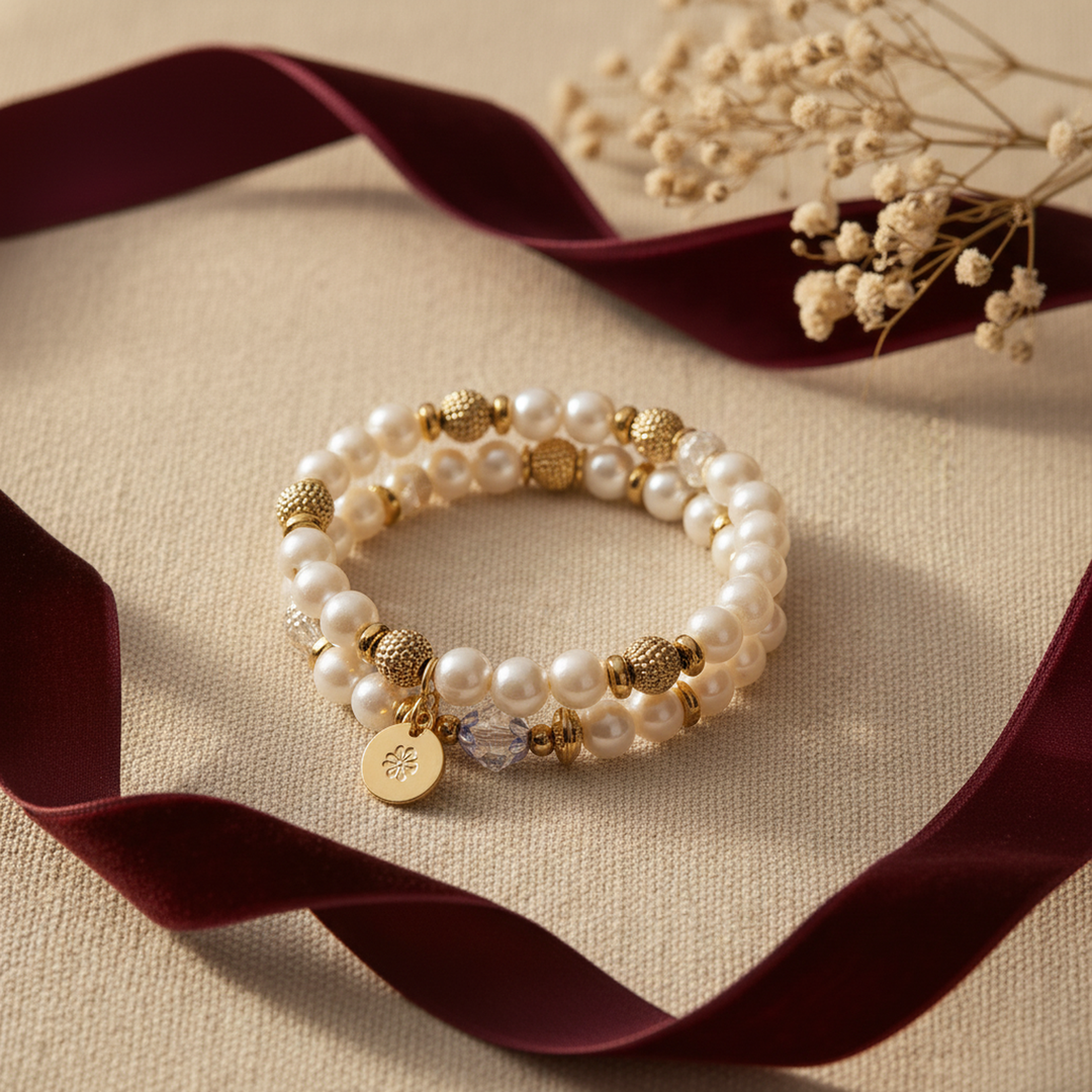 Clara Pearl Stretch Bracelet Set - 01 Hero flatlay - Heart & Hazel pearl stretch bracelet set