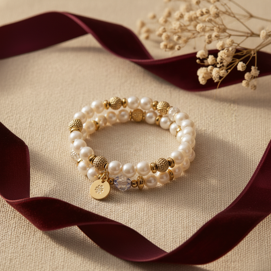 Clara Pearl Stretch Bracelet Set - 01 Hero flatlay - Heart & Hazel pearl stretch bracelet set