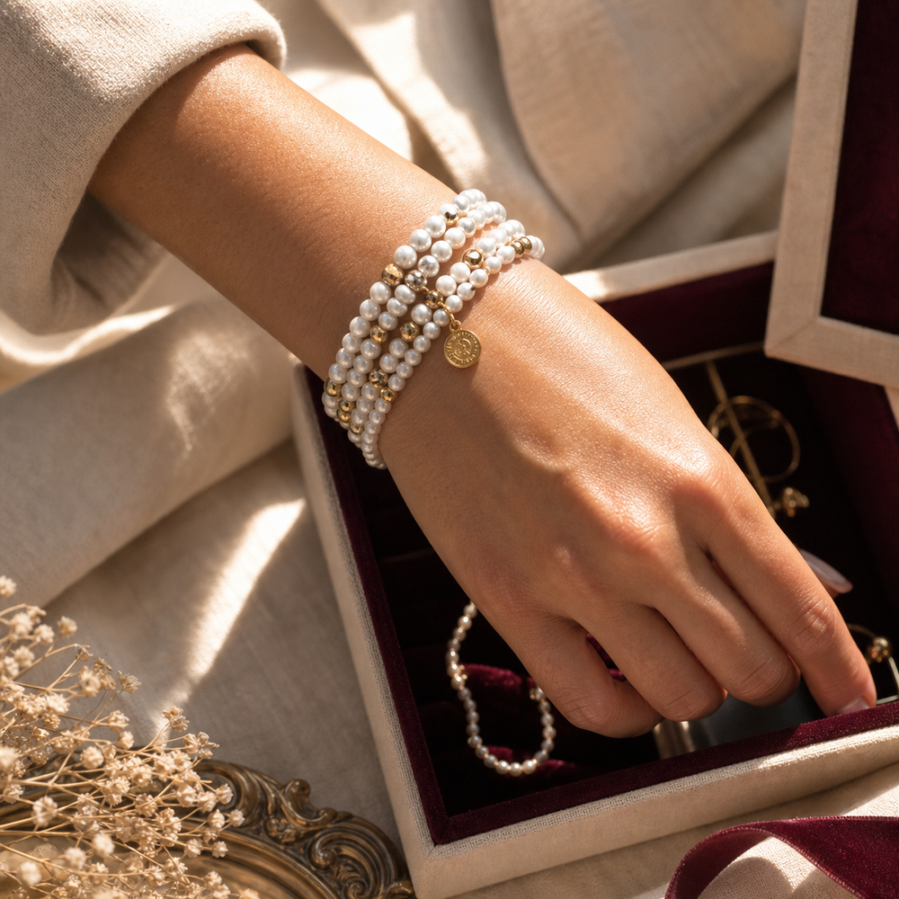 Clara Pearl Stretch Bracelet Set - 02 Editorial model wear - Heart & Hazel pearl stretch bracelet set
