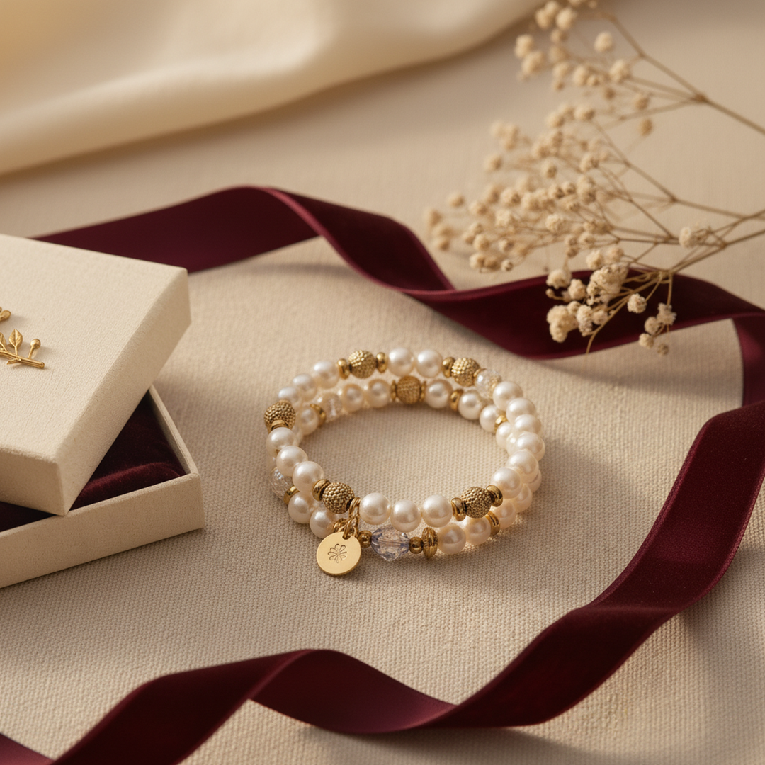 Clara Pearl Stretch Bracelet Set - 05 Color and scale view - Heart & Hazel pearl stretch bracelet set