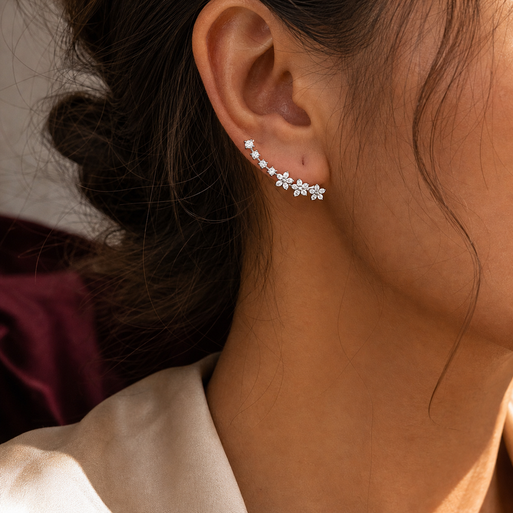 Elodie Crystal Ear Climber Earrings - 02 Editorial model wear - Heart & Hazel crystal ear climber earrings