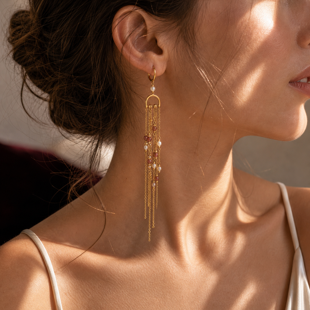 Isla Tassel Drop Earrings - 02 Editorial model wear - Heart & Hazel tassel drop earrings