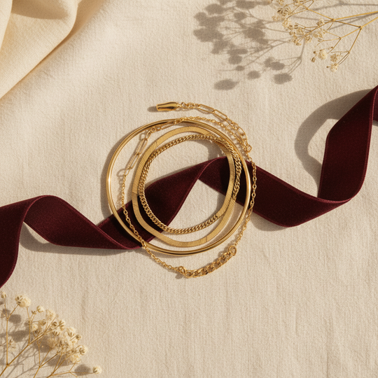 Liora Gold Bracelet Set - 01 Hero flatlay - Heart & Hazel gold bracelet set