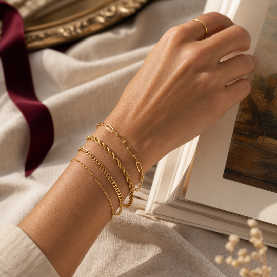 Liora Gold Bracelet Set - 02 Editorial model wear - Heart & Hazel gold bracelet set