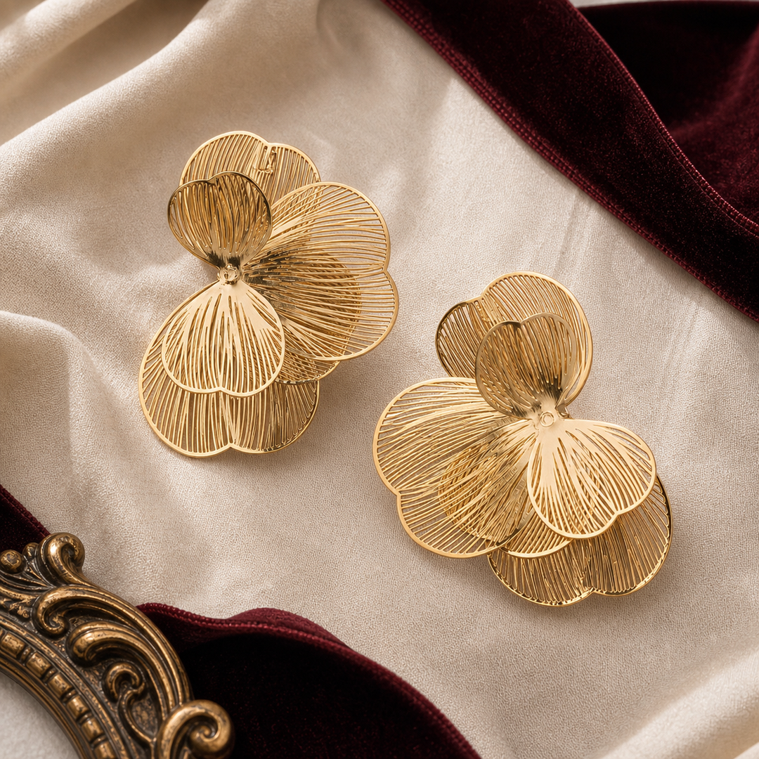 Maribel Bloom Gold Stud Earrings - 01 Hero flatlay - Heart & Hazel gold floral stud earrings
