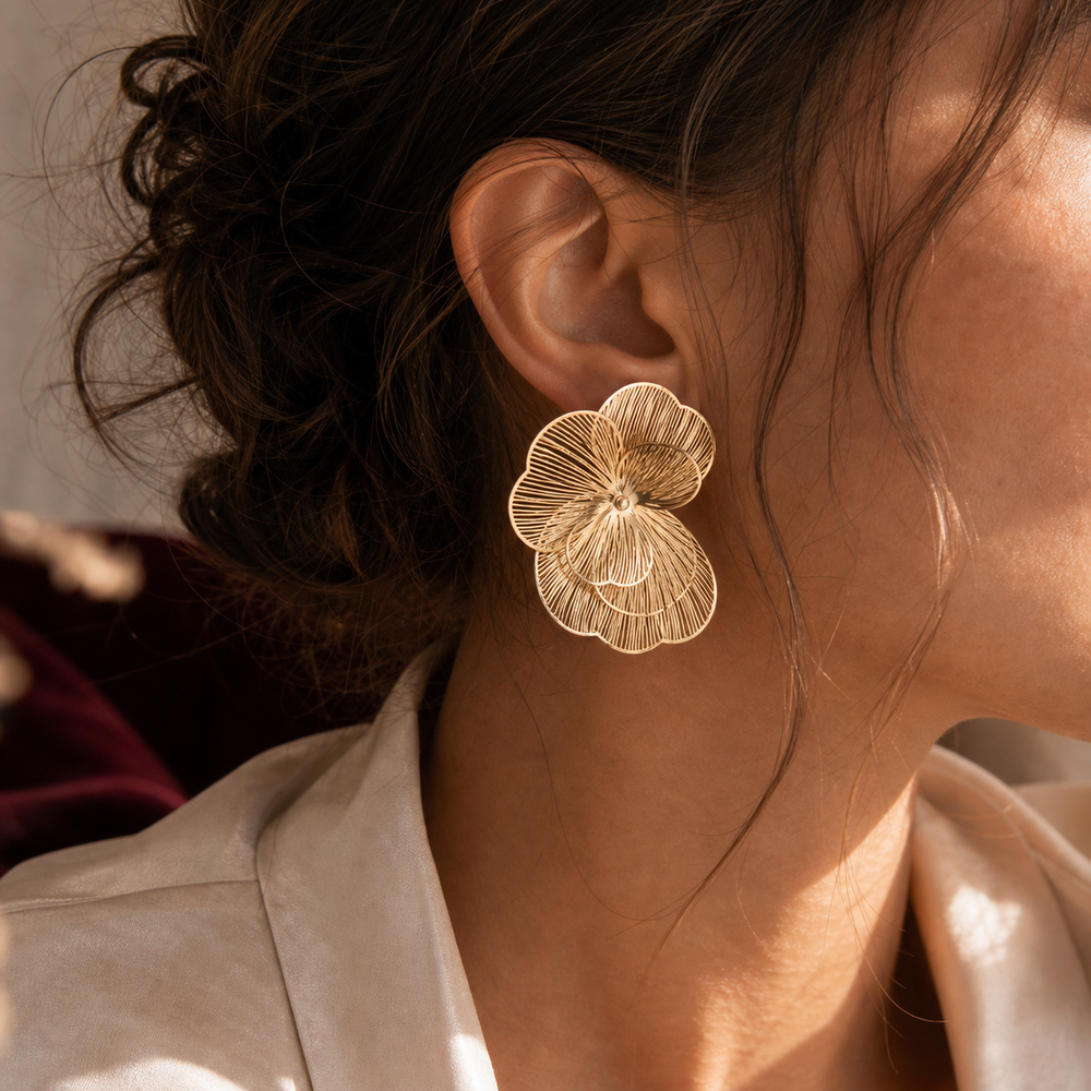 Maribel Bloom Gold Stud Earrings - 02 Editorial model wear - Heart & Hazel gold floral stud earrings