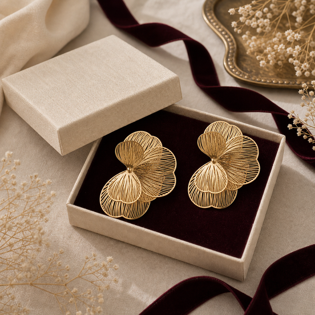 Maribel Bloom Gold Stud Earrings - 04 Packaging gift - Heart & Hazel gold floral stud earrings