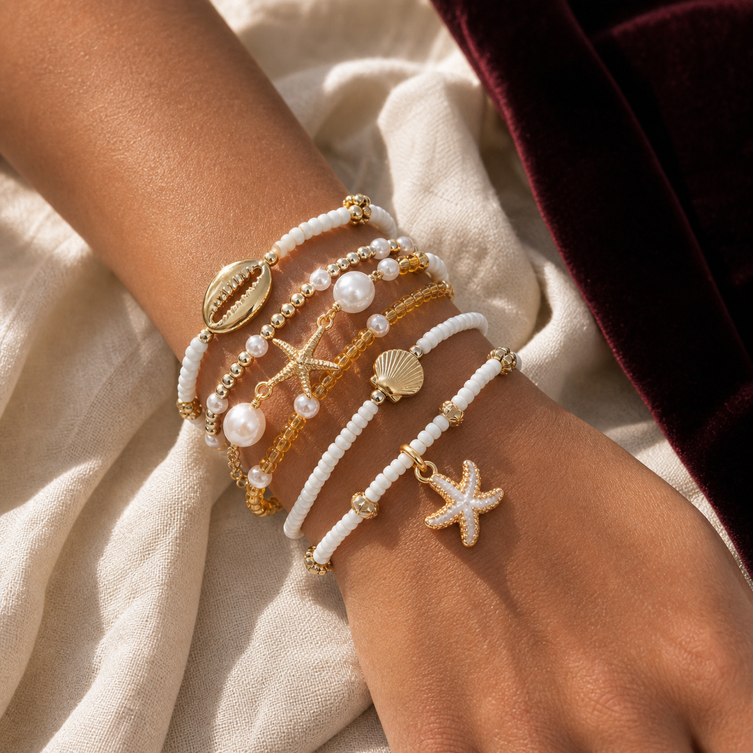 Marina Shell Gold Bracelet Stack - 02 Editorial model wear - Heart & Hazel shell bracelet stack