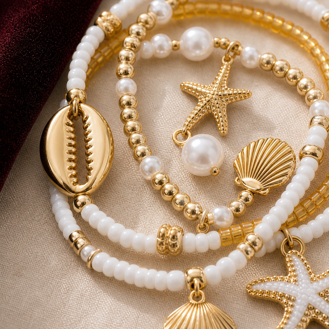 Marina Shell Gold Bracelet Stack - 03 Macro detail - Heart & Hazel shell bracelet stack