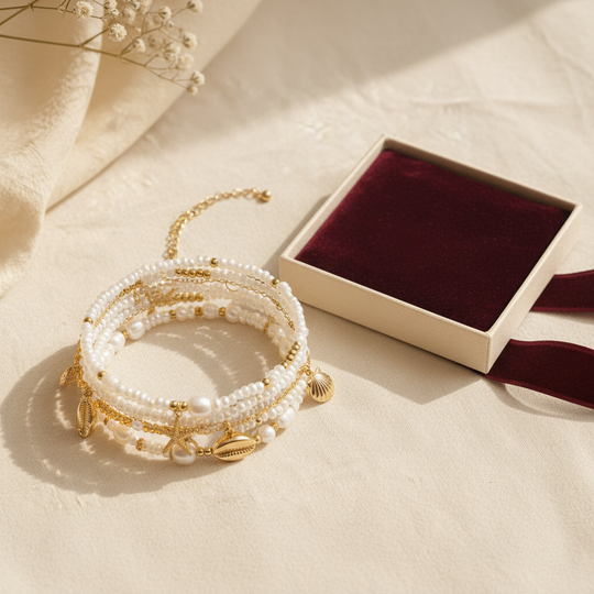 Marina Shell Gold Bracelet Stack - 04 Packaging gift - Heart & Hazel shell bracelet stack