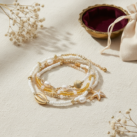 Marina Shell Gold Bracelet Stack - 05 Color and scale view - Heart & Hazel shell bracelet stack
