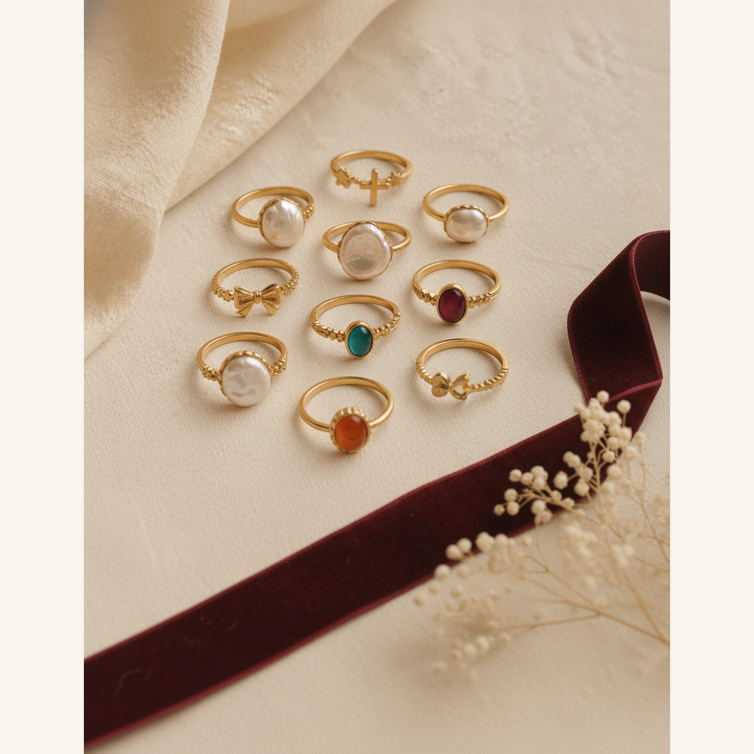 Rosalie Vintage Ring Set - 01 Hero flatlay - Heart & Hazel vintage gold ring set
