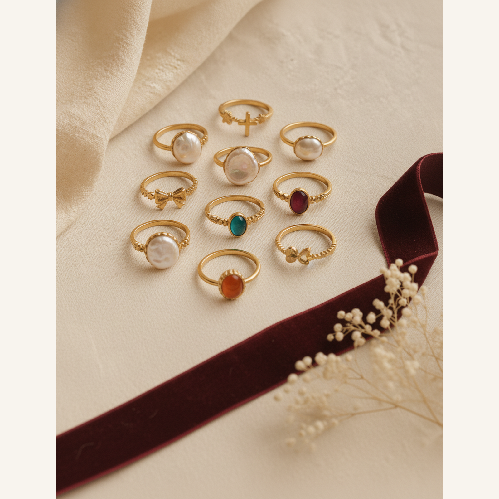 Rosalie Vintage Ring Set - 01 Hero flatlay - Heart & Hazel vintage gold ring set
