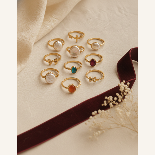 Rosalie Vintage Ring Set - 01 Hero flatlay - Heart & Hazel vintage gold ring set