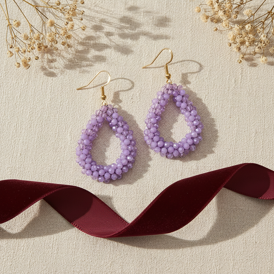 Sienna Purple Beaded Drop Earrings - 01 Hero flatlay - Heart & Hazel purple beaded drop earrings