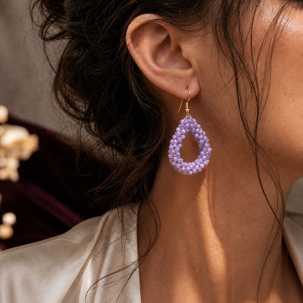 Sienna Purple Beaded Drop Earrings - 02 Editorial model wear - Heart & Hazel purple beaded drop earrings