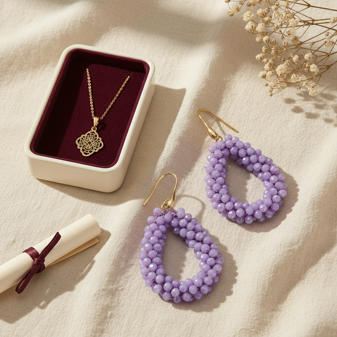 Sienna Purple Beaded Drop Earrings - 05 Color and scale view - Heart & Hazel purple beaded drop earrings