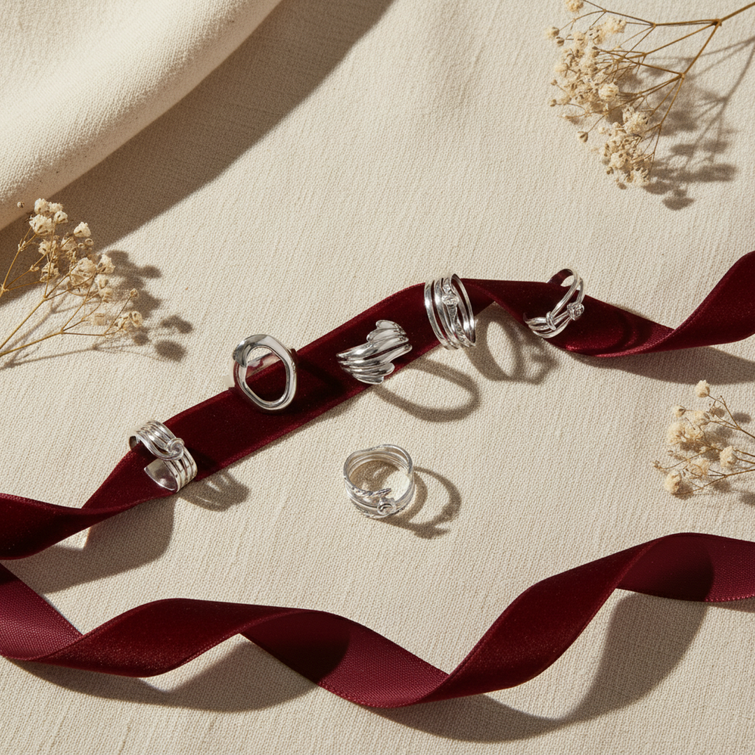 Vera Silver Geometric Ring Set - 01 Hero flatlay - Heart & Hazel silver geometric ring set