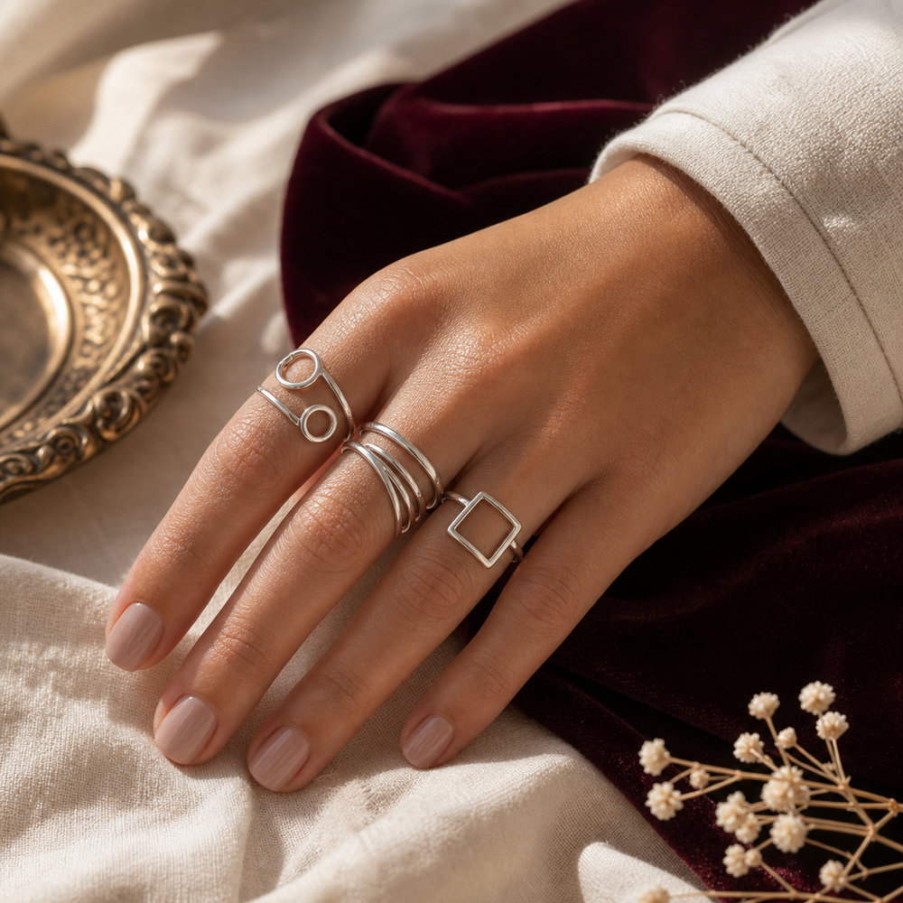 Vera Silver Geometric Ring Set - 02 Editorial model wear - Heart & Hazel silver geometric ring set