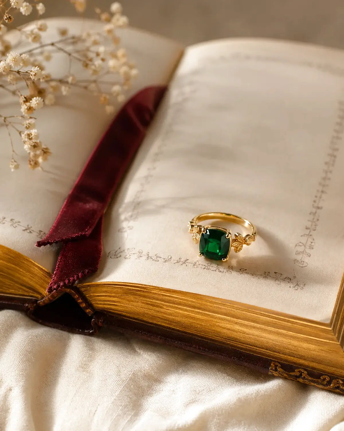 Heart and Hazel gold ring styled with burgundy ribbon and ivory pages